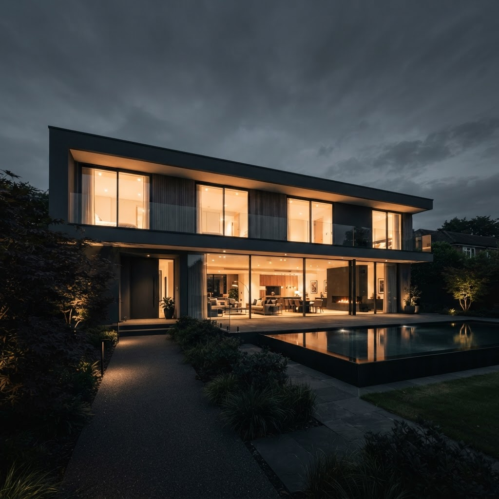 Modern house facade at dusk with large glowing white uPVC windows