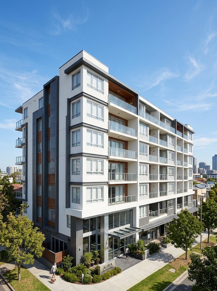 Apartment building with rows of white uPVC sliding windows
