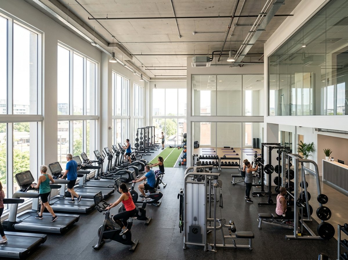 Gym fitness center with floor-to-ceiling white uPVC windows
