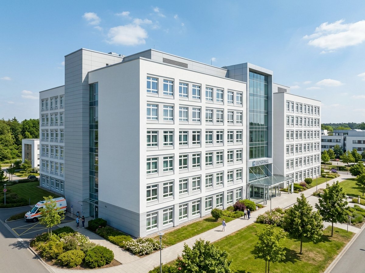 Modern hospital building with clean white uPVC windows