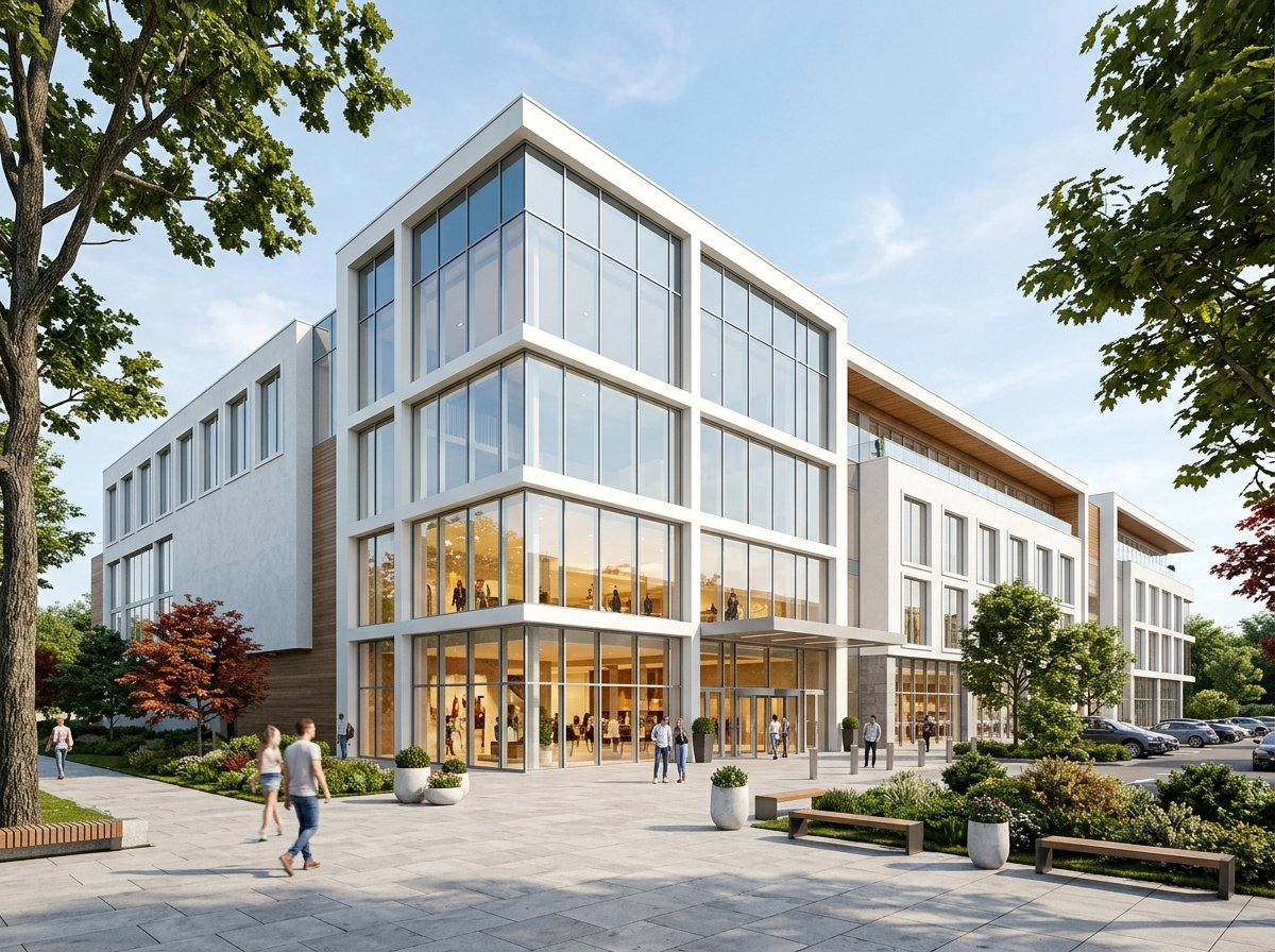 Modern shopping mall exterior with large white uPVC windows