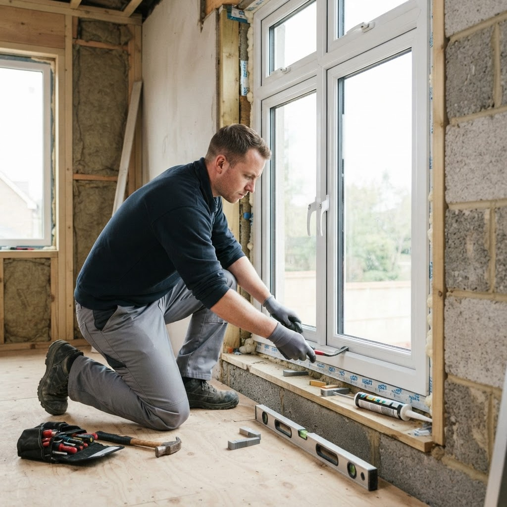 Technician precisely fitting a large white uPVC casement window