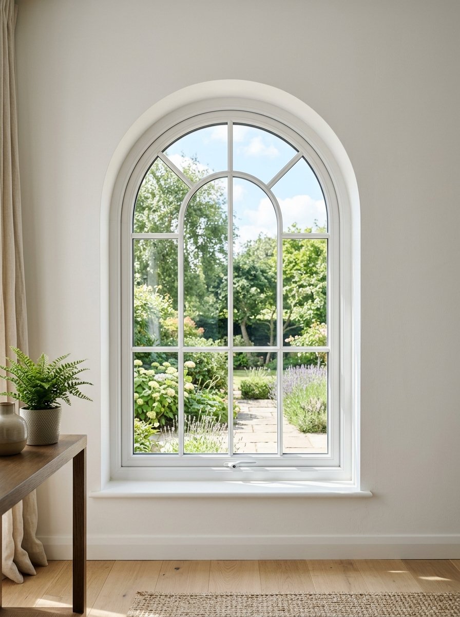 Elegant white uPVC arched window with curved top frame