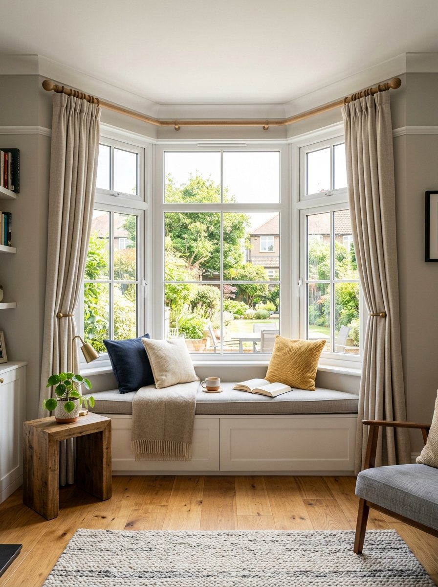 Beautiful white uPVC bay window protruding from a modern home