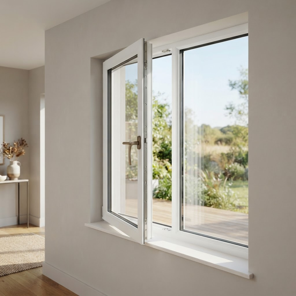 White uPVC casement window opening outward on a hinge