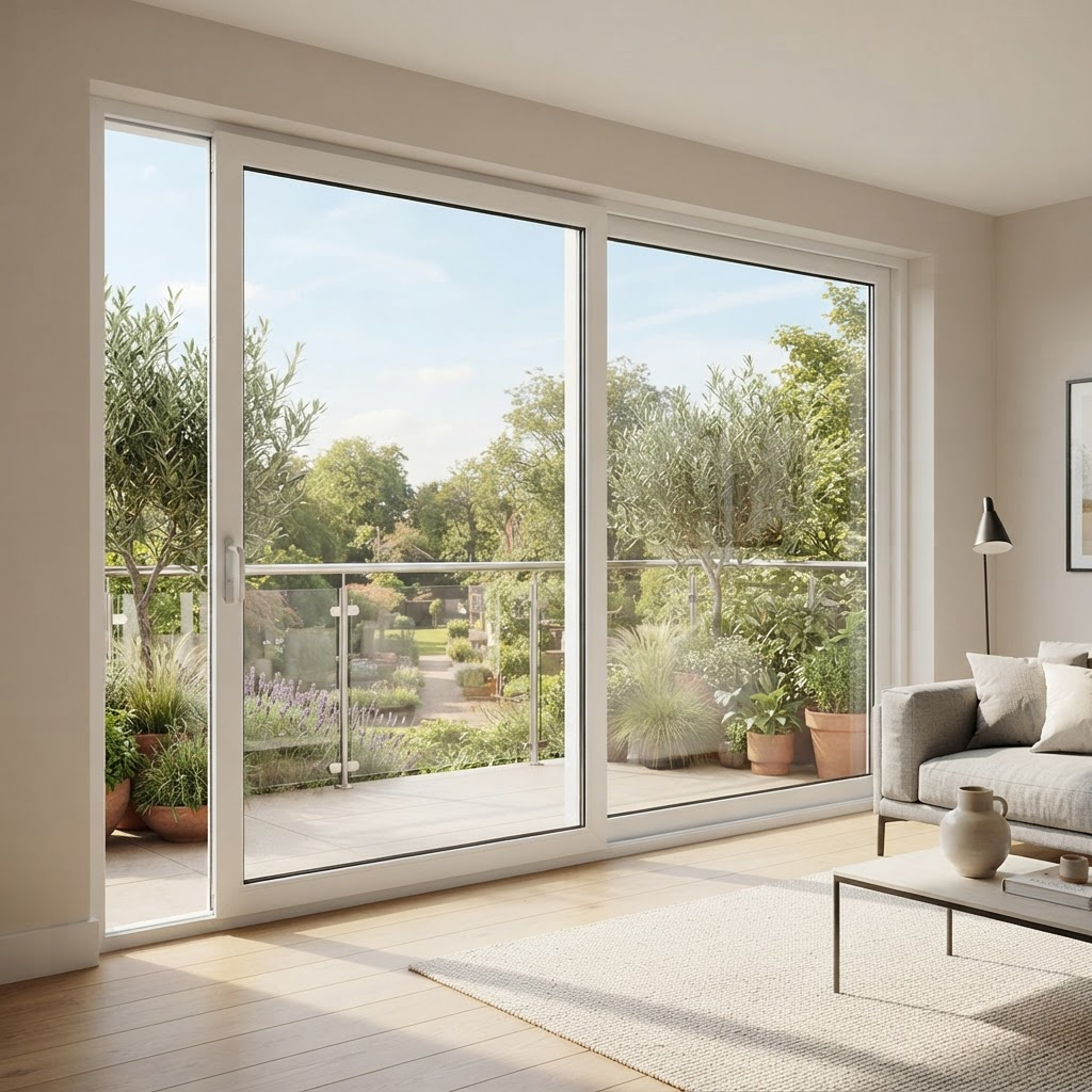 Large white uPVC sliding glass door leading to a garden