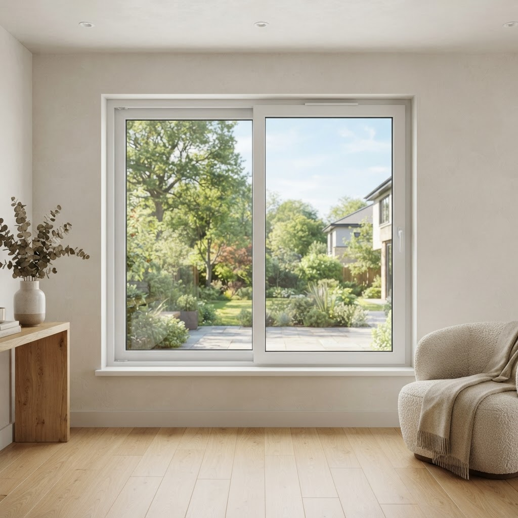 Modern white uPVC sliding window in a bright contemporary room