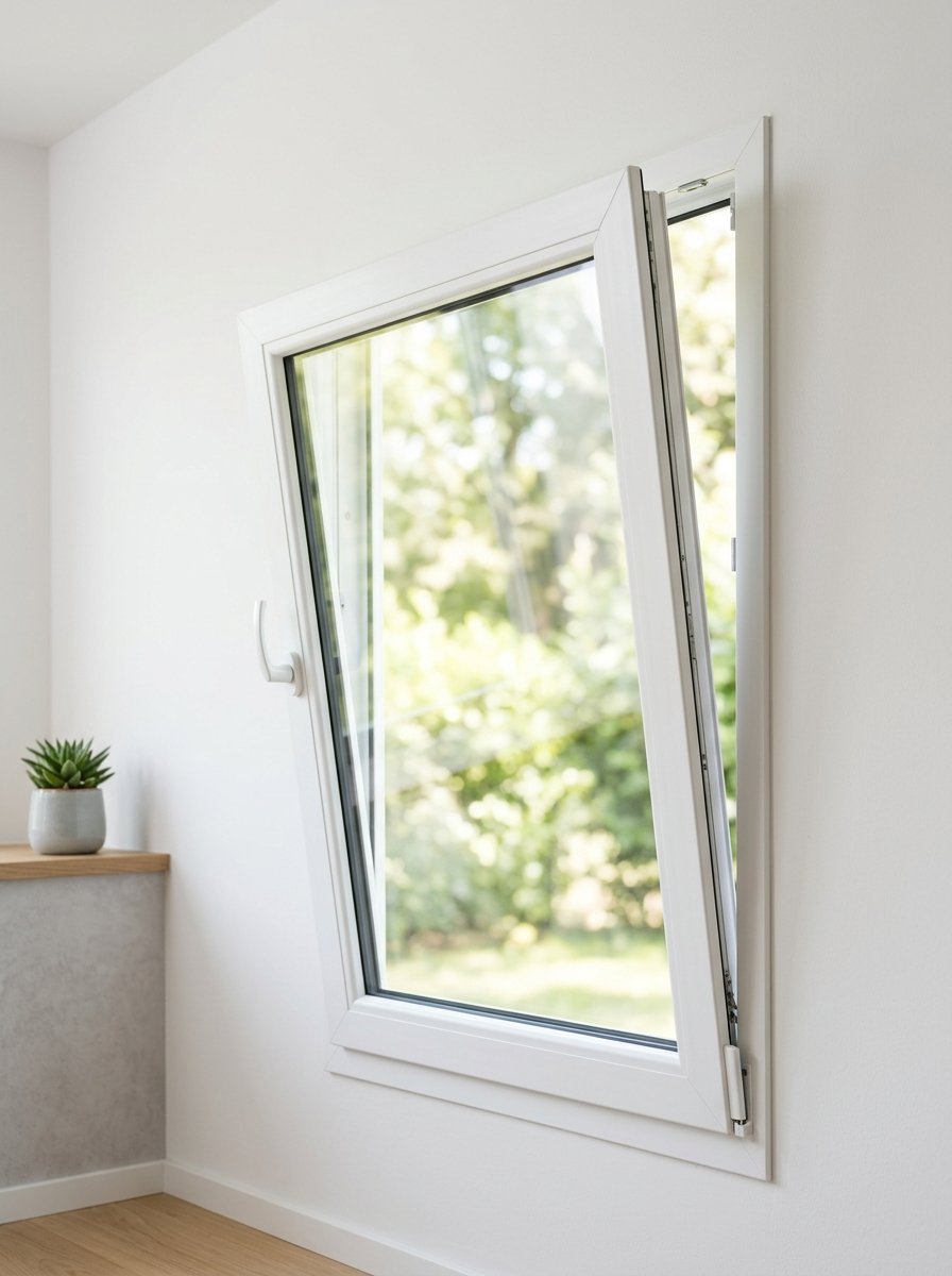 White uPVC tilt and turn window partially tilted open for ventilation