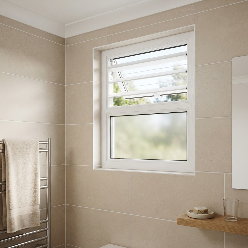 Small white uPVC ventilator window mounted high on a wall
